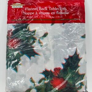Christmas House Flannel Back Tablecloth Holly Berries 52x70 inches NEW